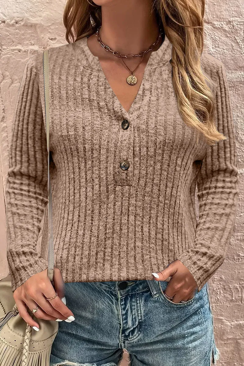 Casual Solid Buttons V Neck Tops