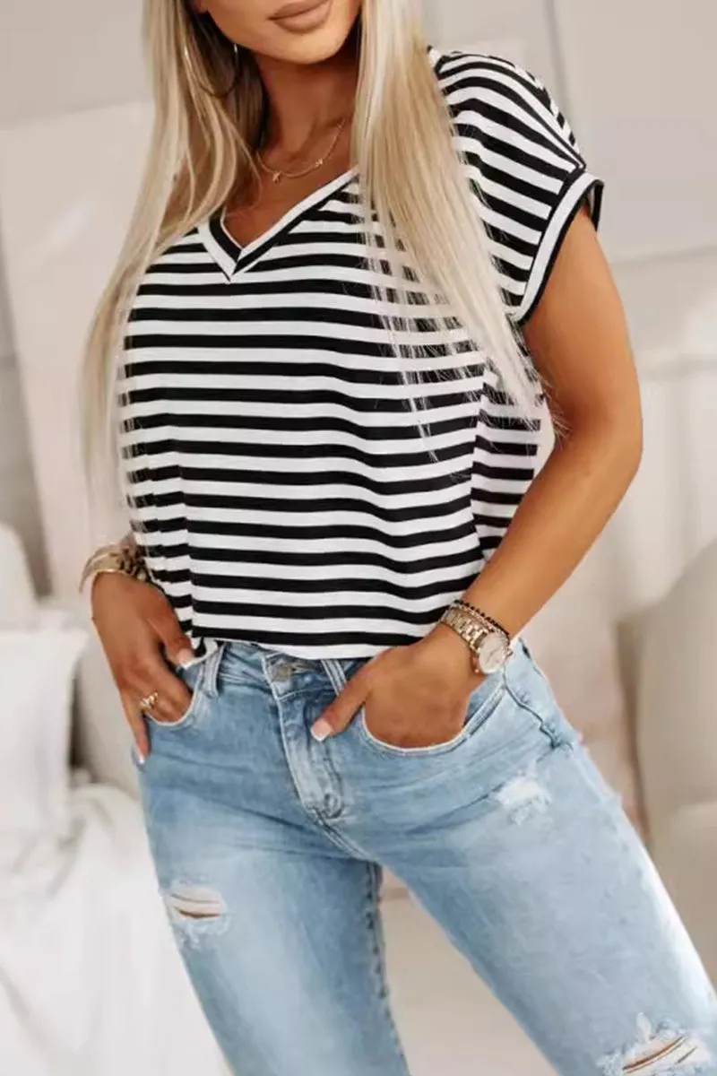 Casual Striped Patchwork V Neck T-Shirts