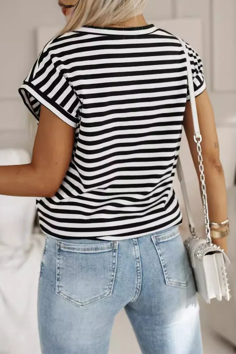 Casual Striped Patchwork V Neck T-Shirts