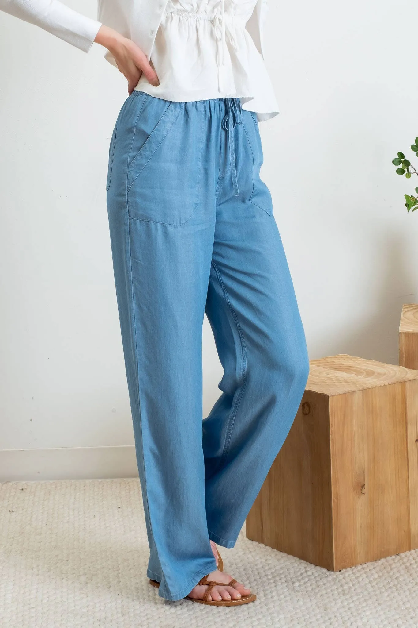 CHAMBRAY HIGH WAIST DRAWSTRING PANTS