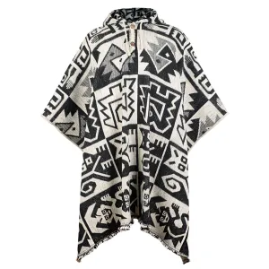 Chiriaco - Llama Wool Unisex South American Handwoven Thick Hooded Poncho - Aztec animal pattern - black-white