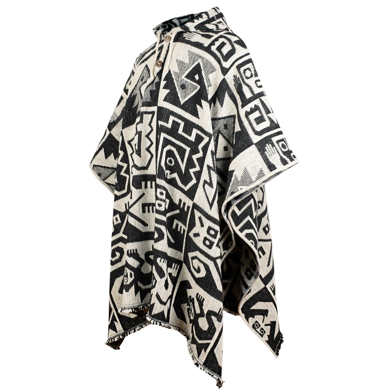 Chiriaco - Llama Wool Unisex South American Handwoven Thick Hooded Poncho - Aztec animal pattern - black-white