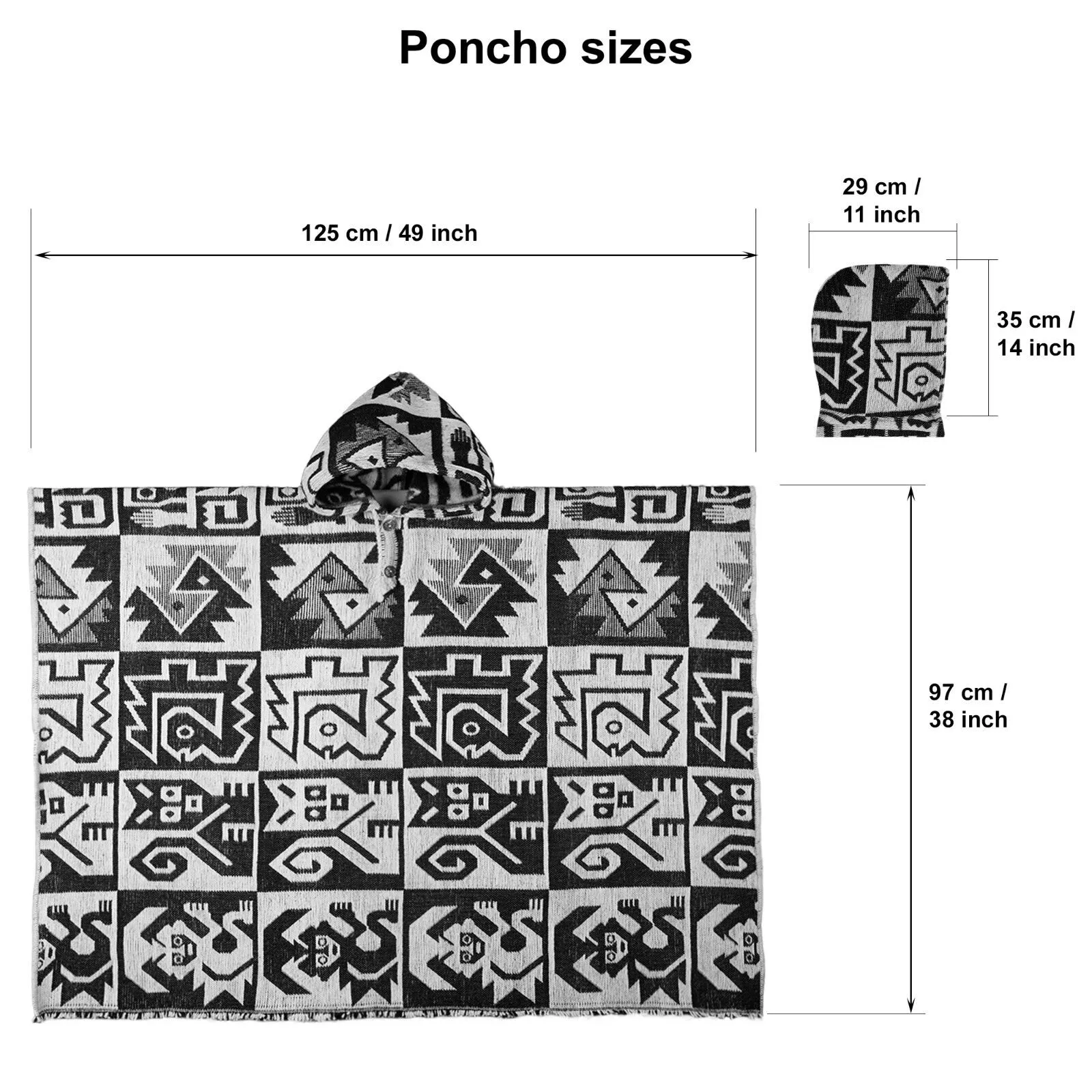 Chiriaco - Llama Wool Unisex South American Handwoven Thick Hooded Poncho - Aztec animal pattern - black-white