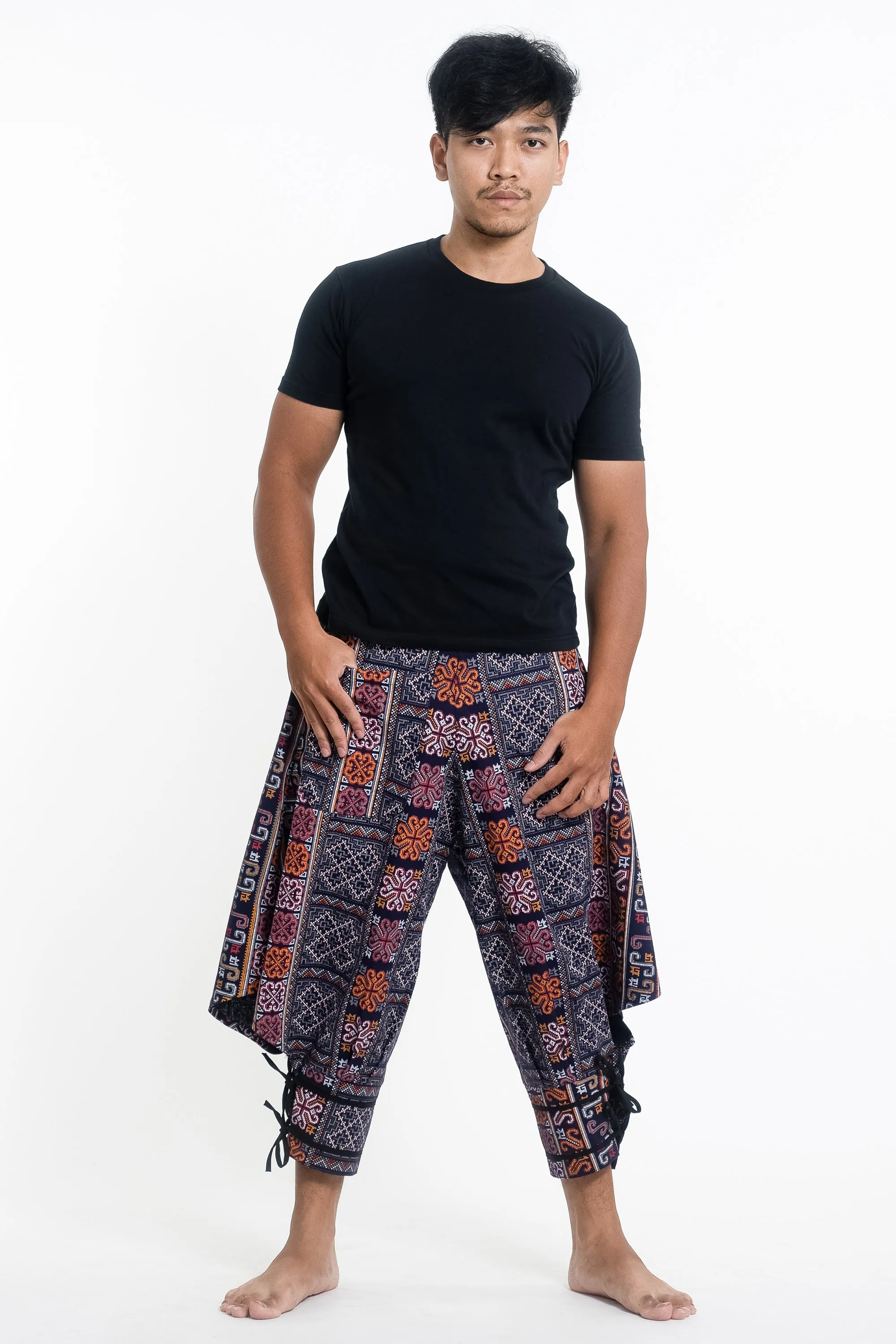 Clovers Thai Hill Tribe Fabric Harem Pants with Ankle Straps in Blue