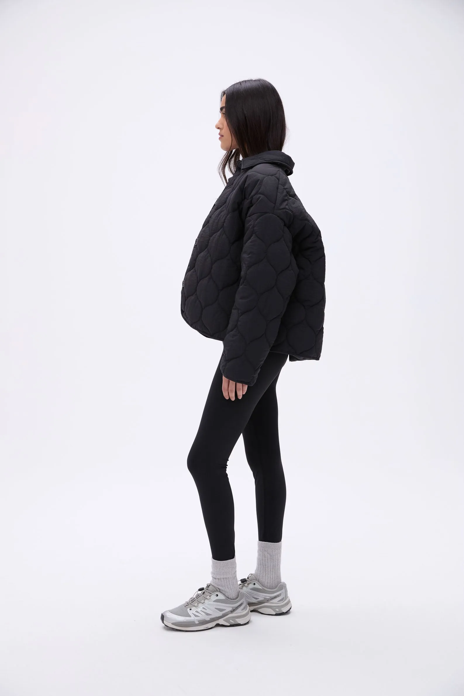 Collared Quilted Boxy Jacket - Black