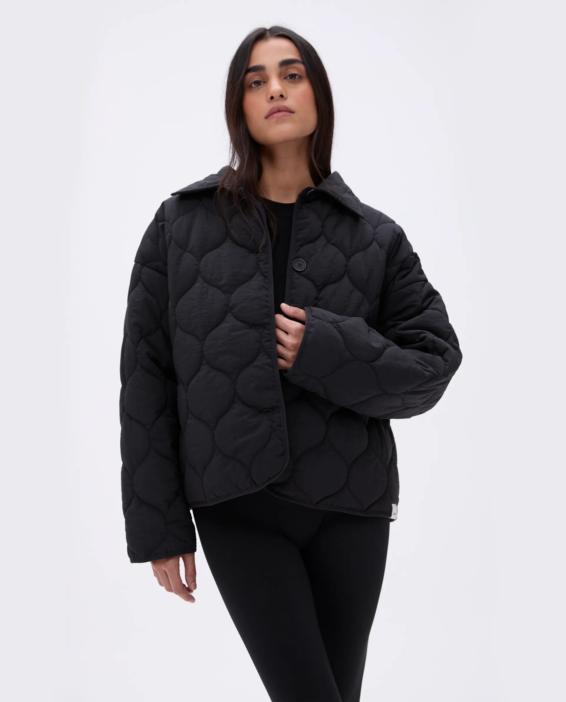 Collared Quilted Boxy Jacket - Black