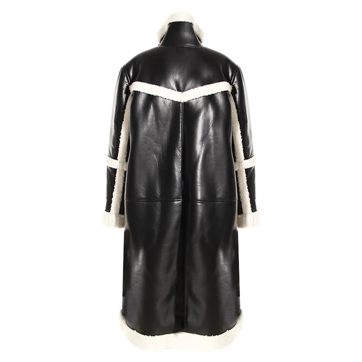 Color Block Faux Shearling Long Overcoat for Women - Casual Thickened Coat with Pocket Detail for Autumn/Winter