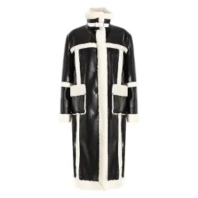 Color Block Faux Shearling Long Overcoat for Women - Casual Thickened Coat with Pocket Detail for Autumn/Winter