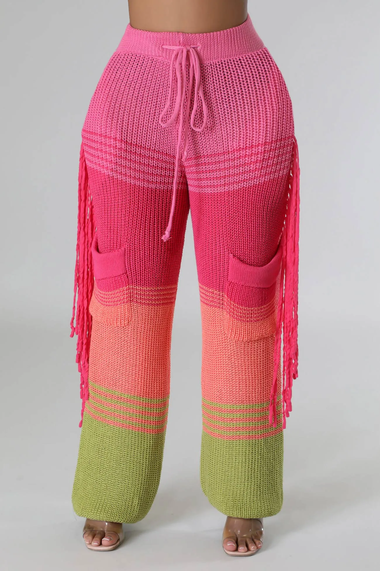 Contrast Fringe Crochet Knit Pants