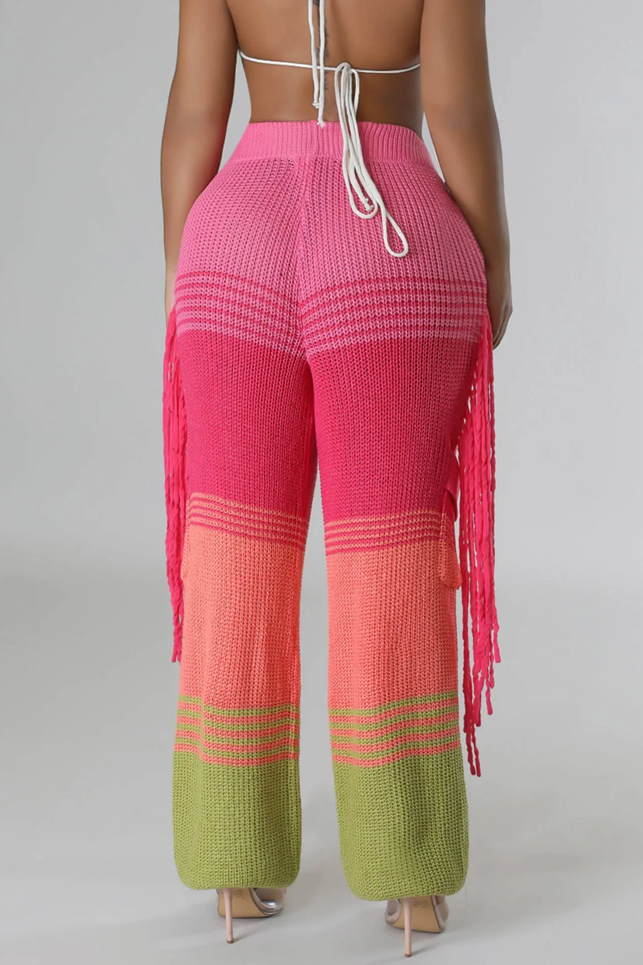 Contrast Fringe Crochet Knit Pants