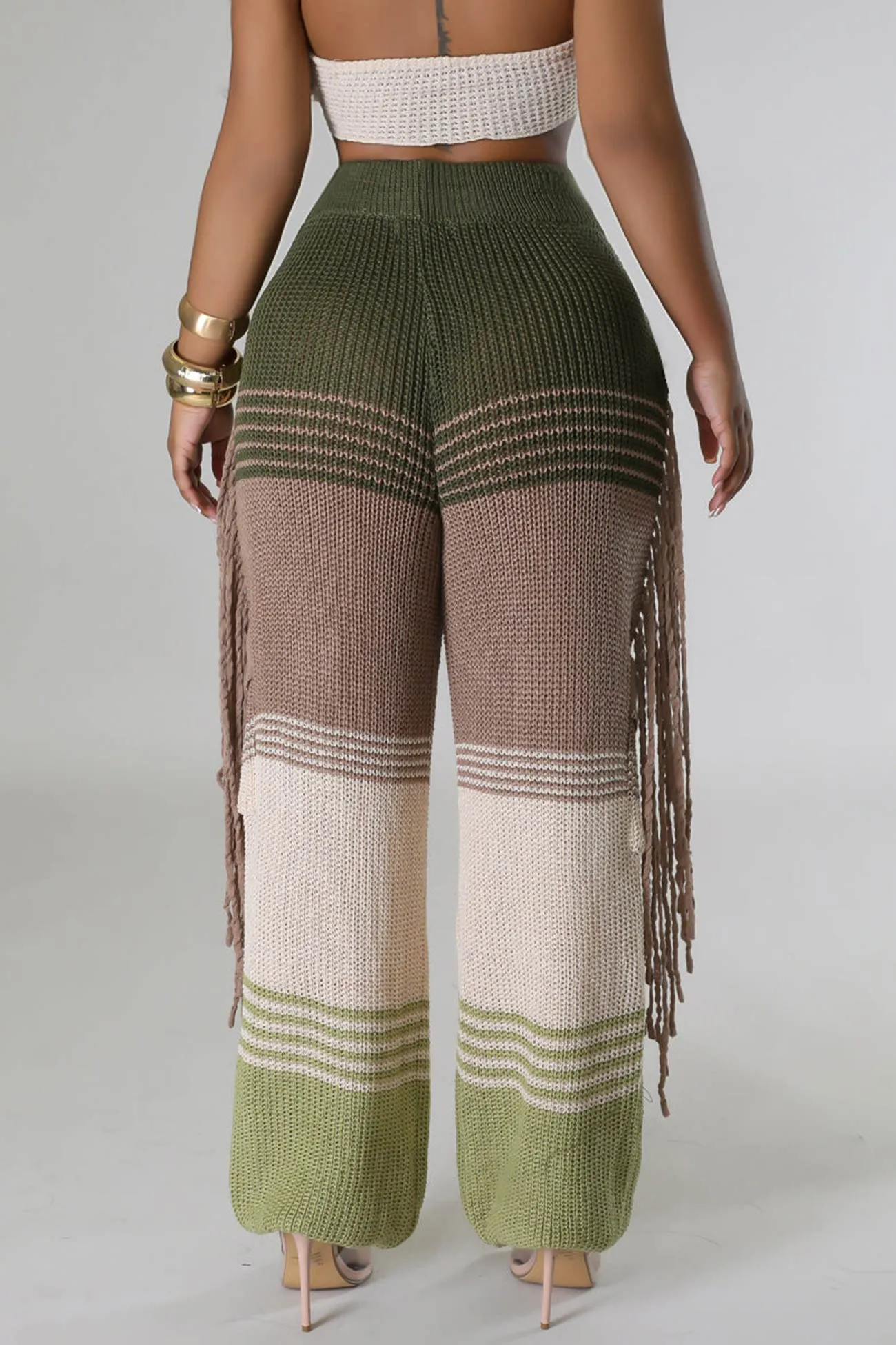 Contrast Fringe Crochet Knit Pants