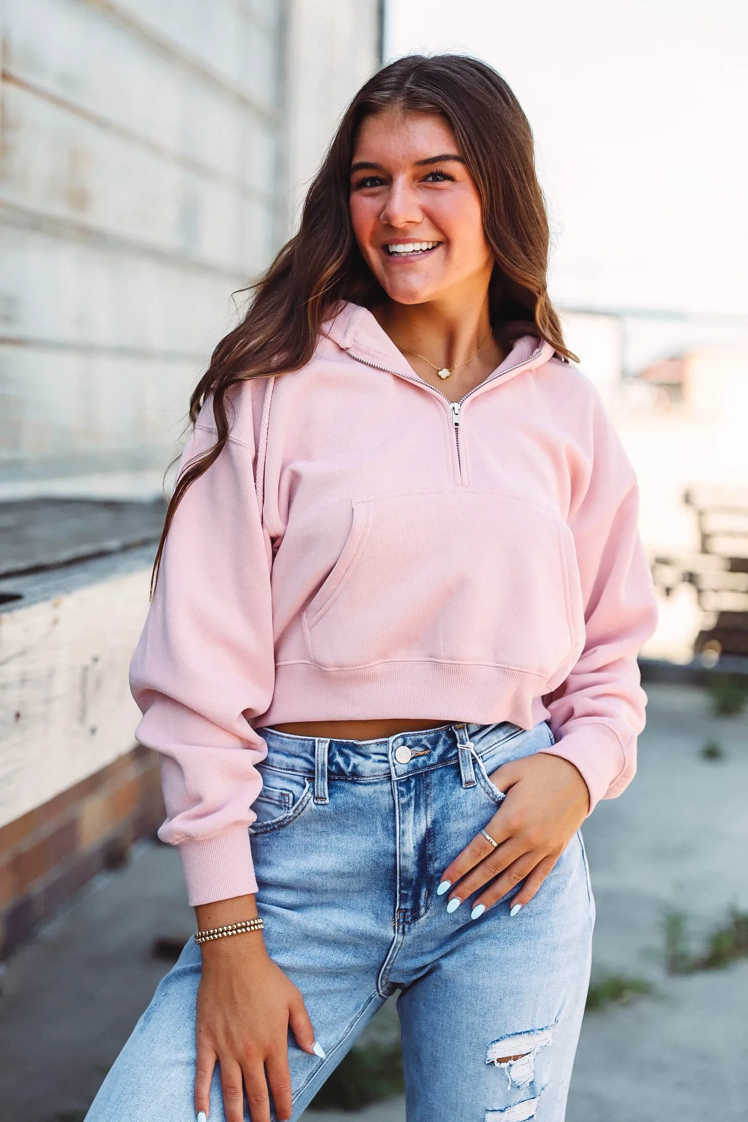 Cora Quarter Zip Pullover-Pink