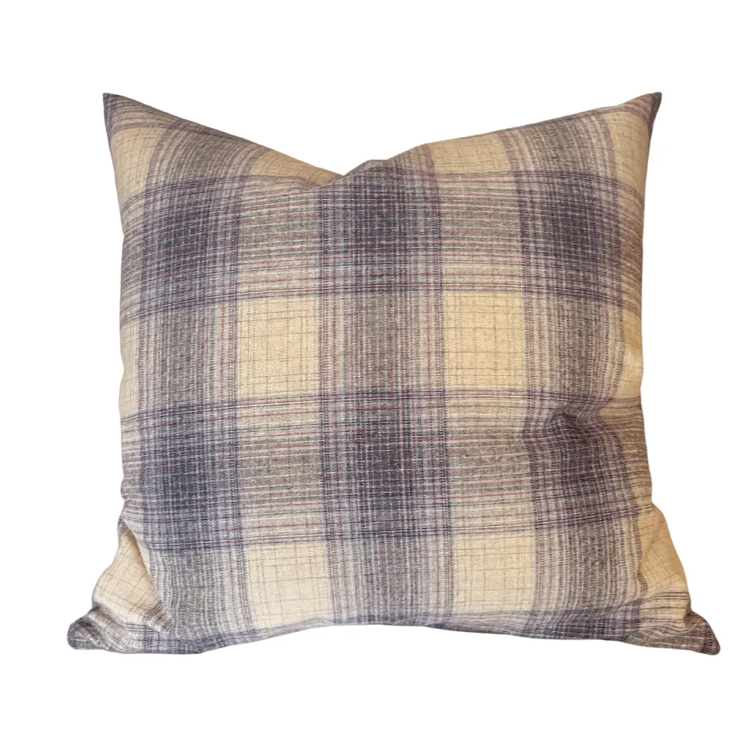 Cream and Blue Vintage Plaid Pillow