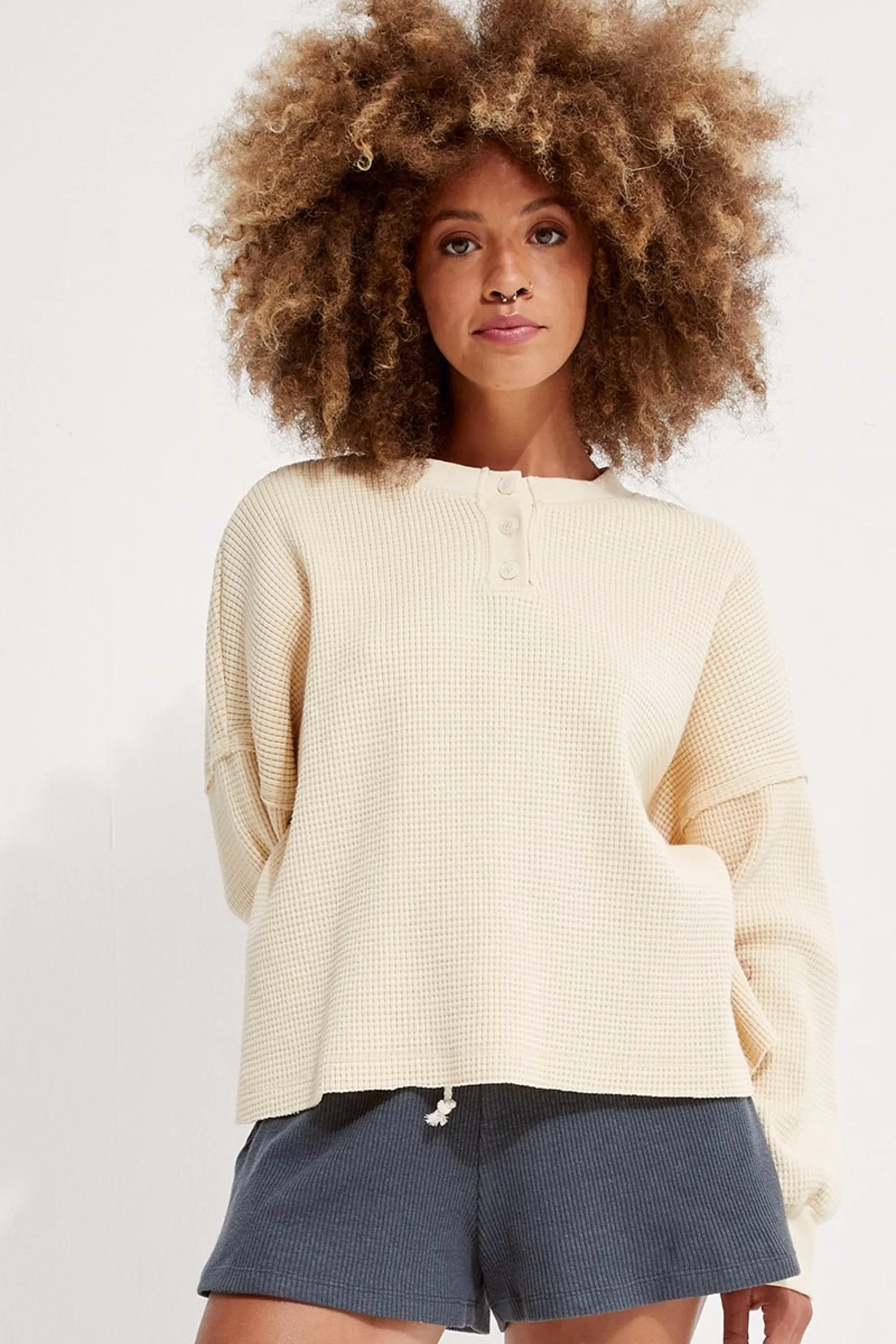 Creme Henley Waffle Pullover