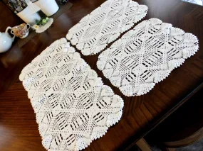 Crocheted Table Runner, Matching Doily Set, White Table Scarf, Vintage Table Linens 14297