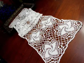 Crocheted Table Runner, Spiral Patterned Table Scarf, White Vintage Table Linens 12374