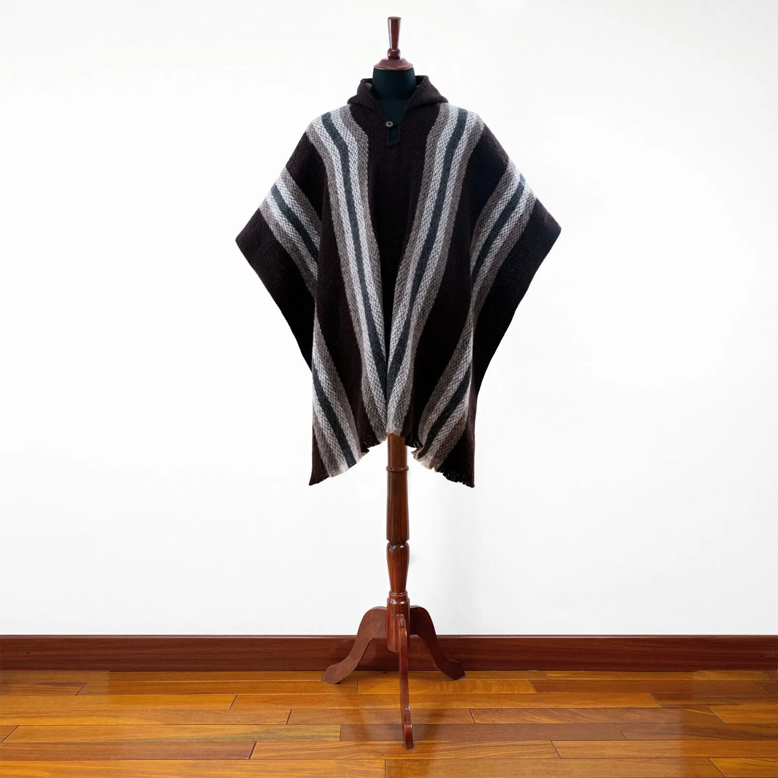 Daule - Llama Wool Unisex South American Handwoven Hooded Poncho - coffee/brown striped pattern