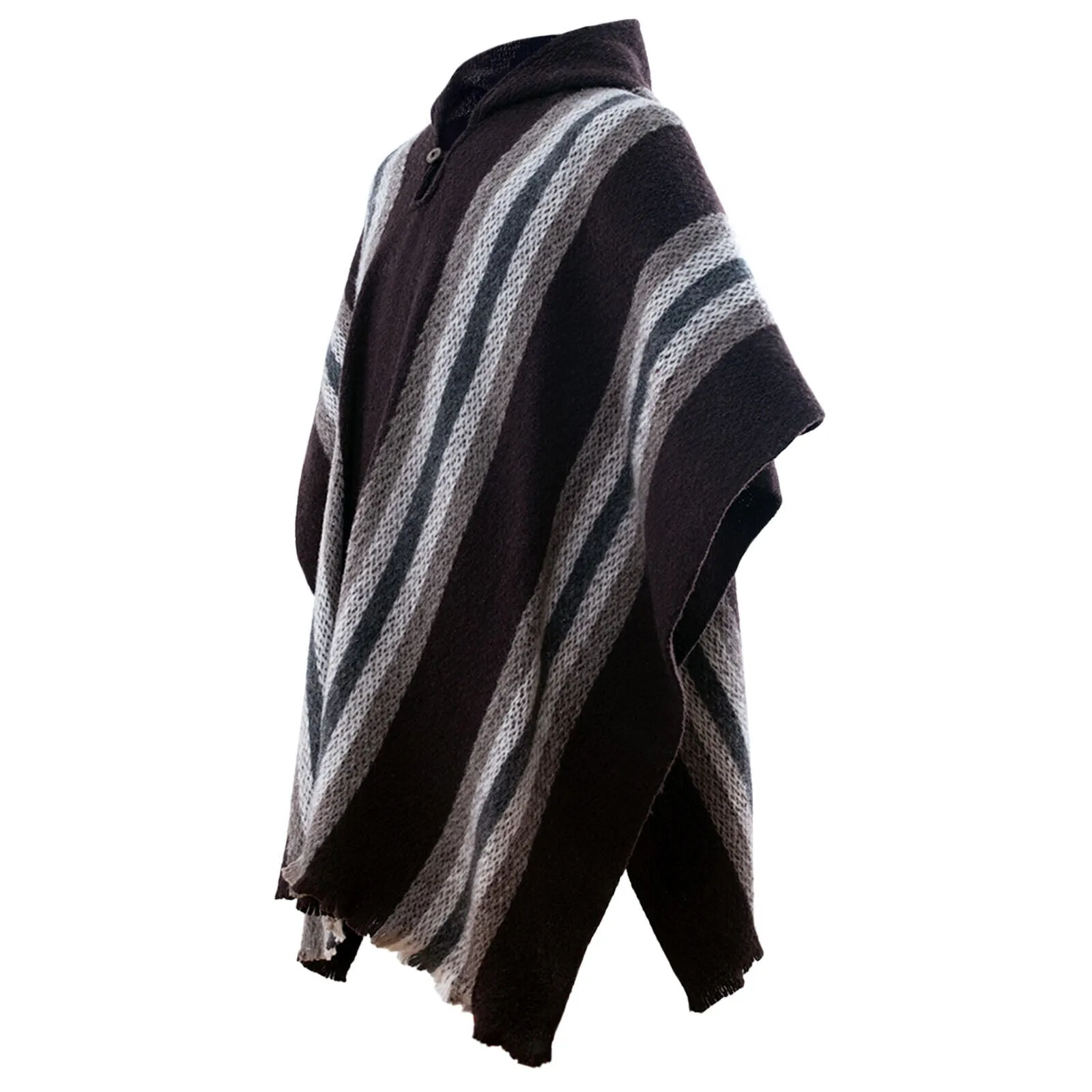 Daule - Llama Wool Unisex South American Handwoven Hooded Poncho - coffee/brown striped pattern