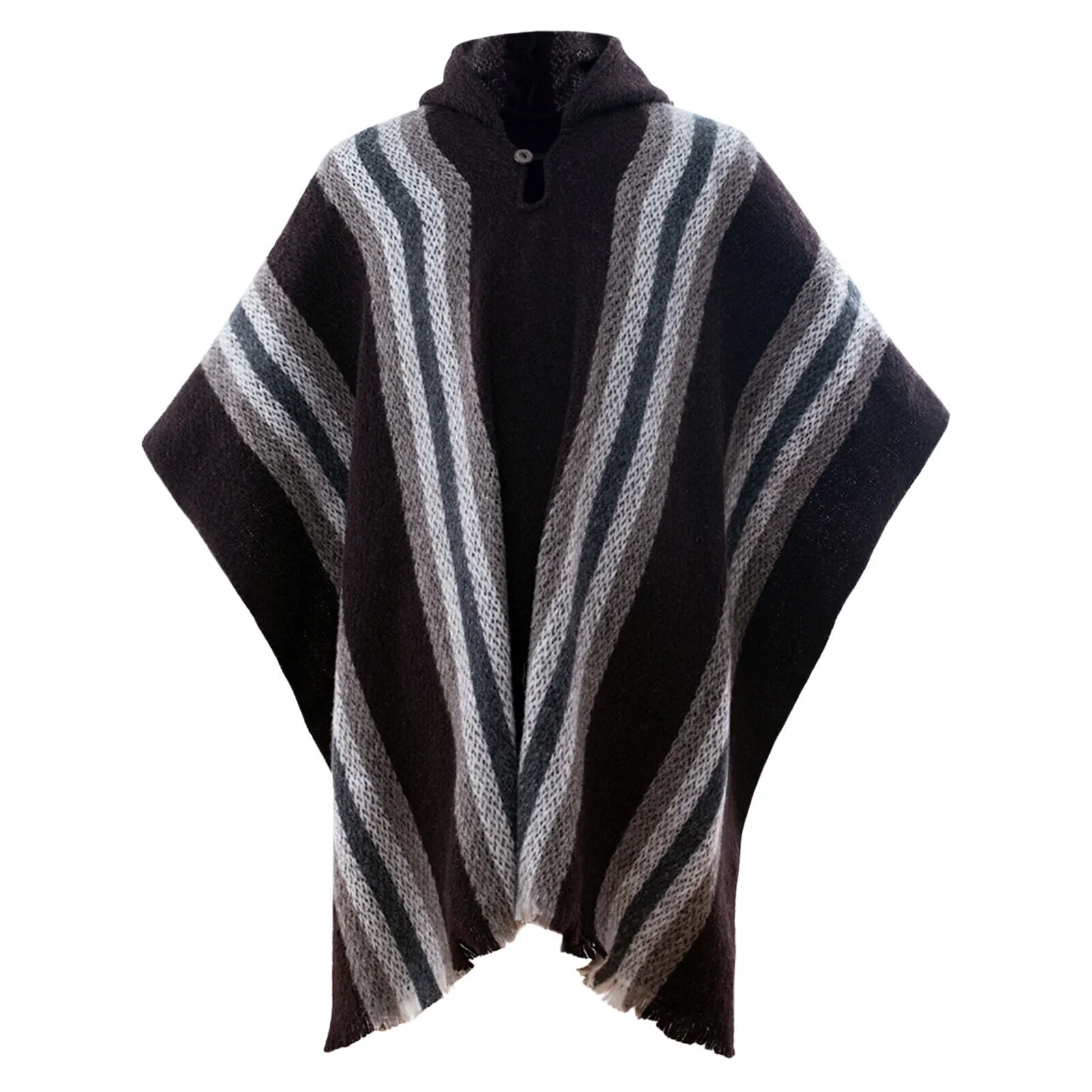 Daule - Llama Wool Unisex South American Handwoven Hooded Poncho - coffee/brown striped pattern