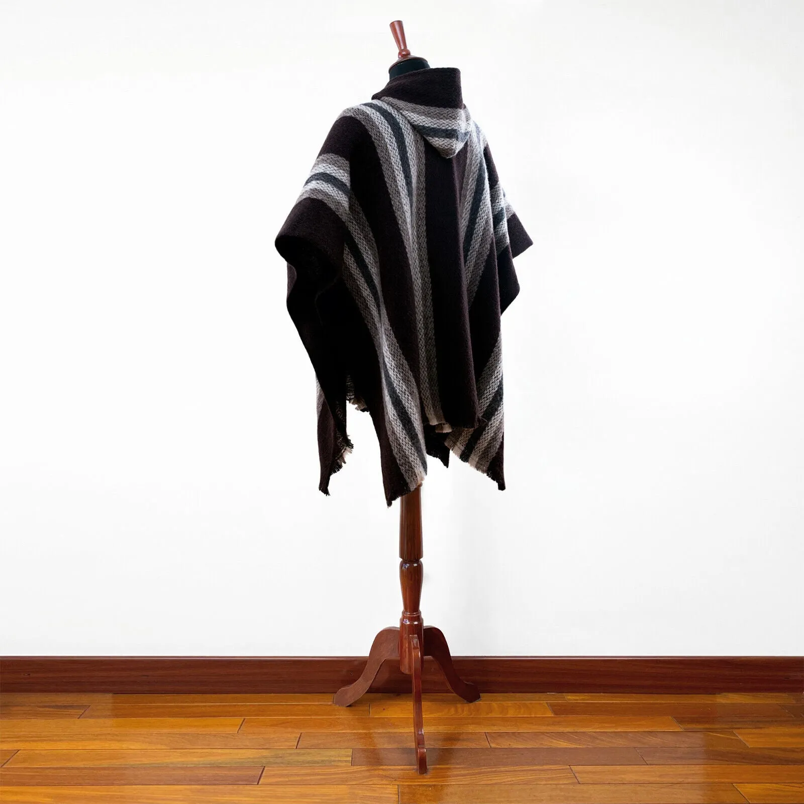 Daule - Llama Wool Unisex South American Handwoven Hooded Poncho - coffee/brown striped pattern