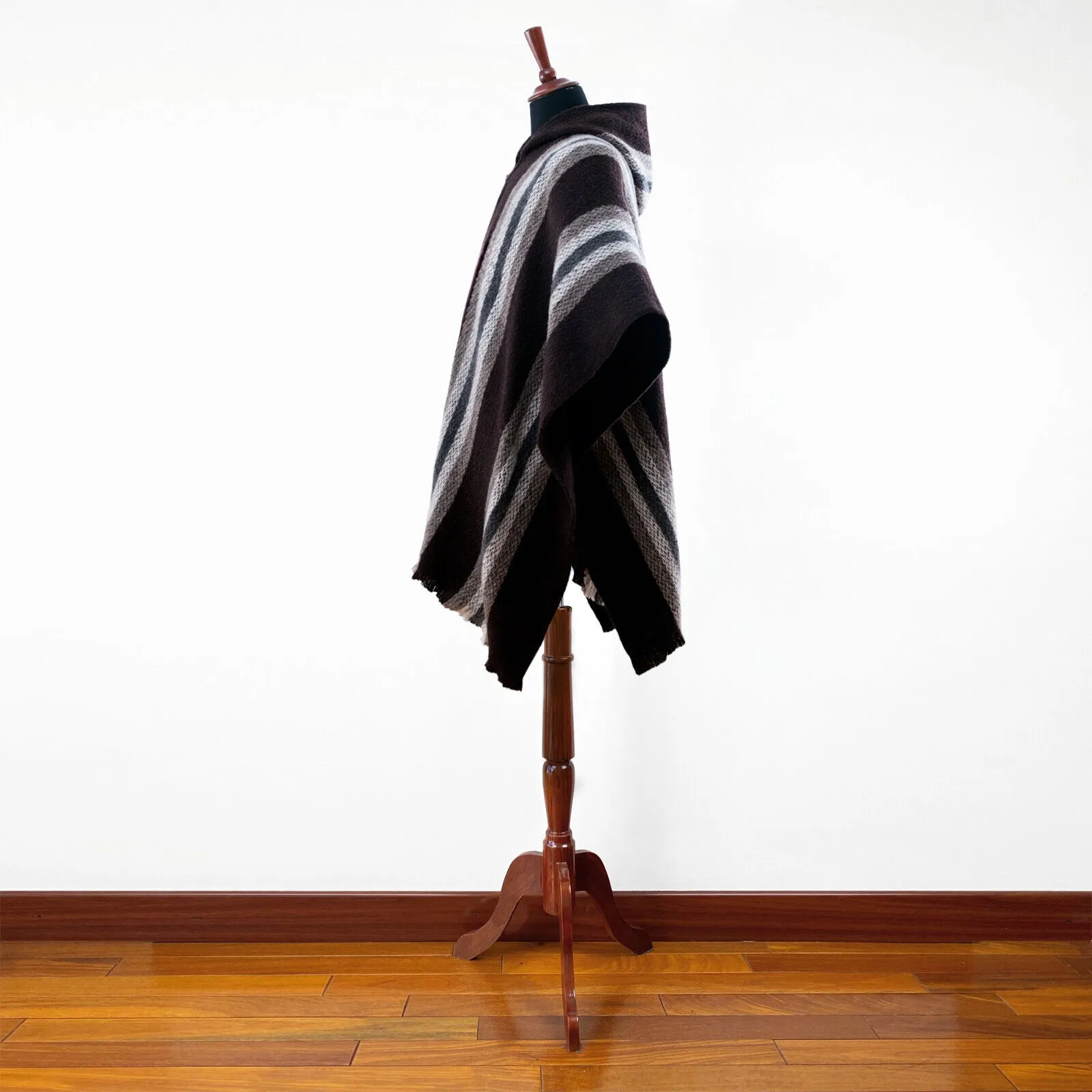 Daule - Llama Wool Unisex South American Handwoven Hooded Poncho - coffee/brown striped pattern