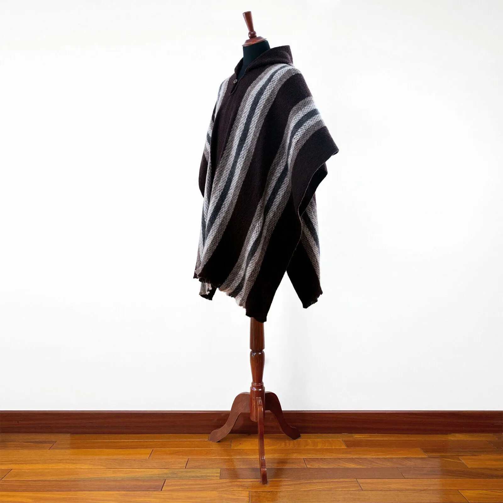 Daule - Llama Wool Unisex South American Handwoven Hooded Poncho - coffee/brown striped pattern