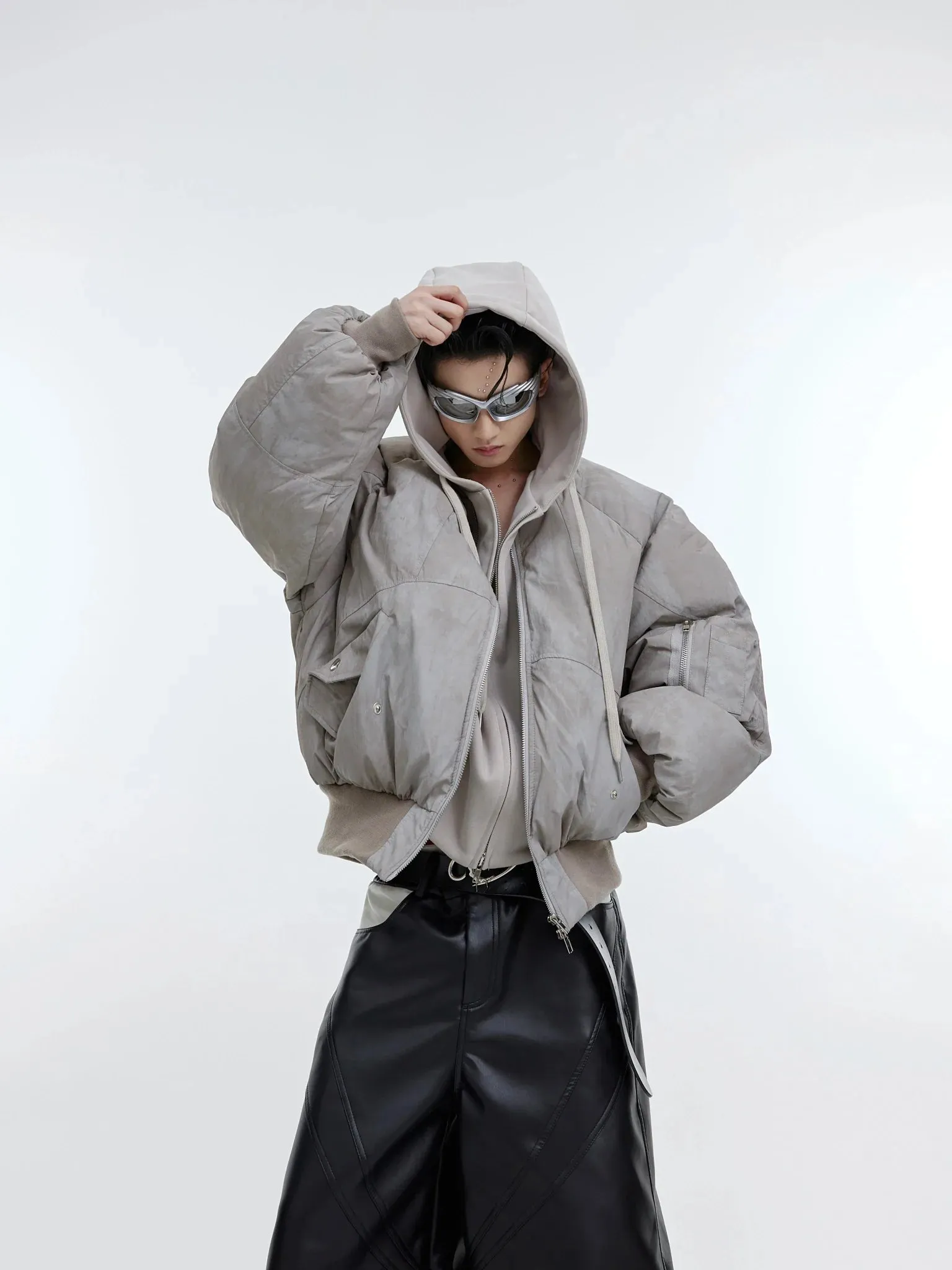 Deconstructed Two-Piece Hoodie & Puffer Jacket | Distressed Wash Short Coat