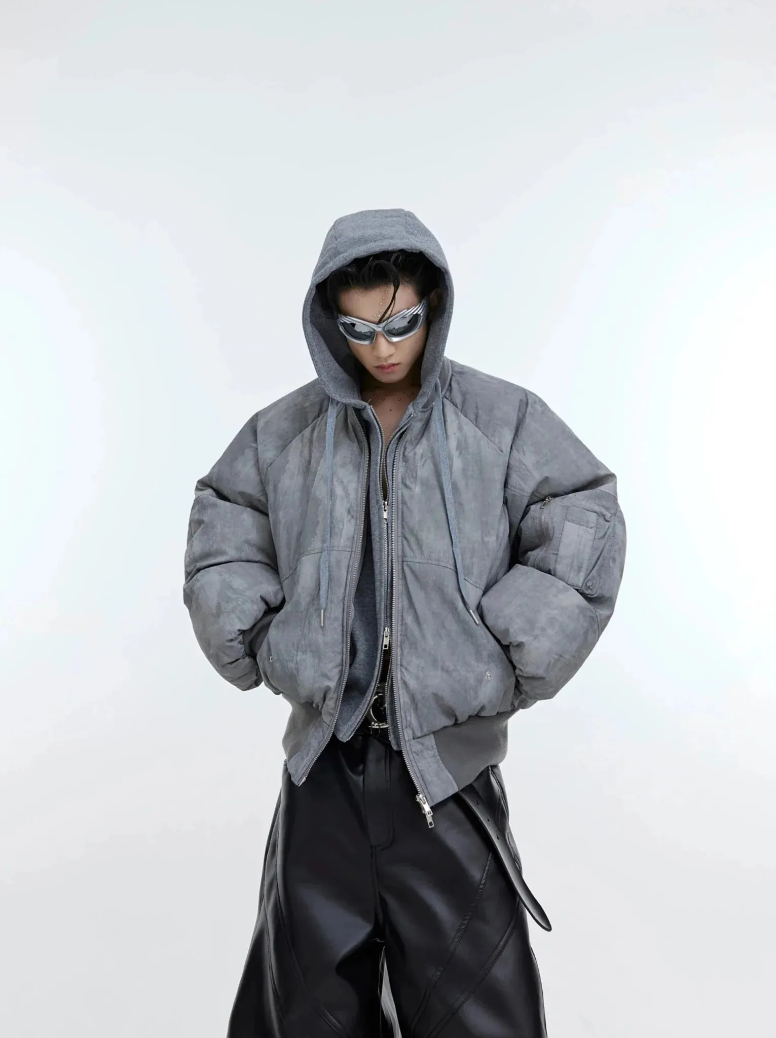 Deconstructed Two-Piece Hoodie & Puffer Jacket | Distressed Wash Short Coat