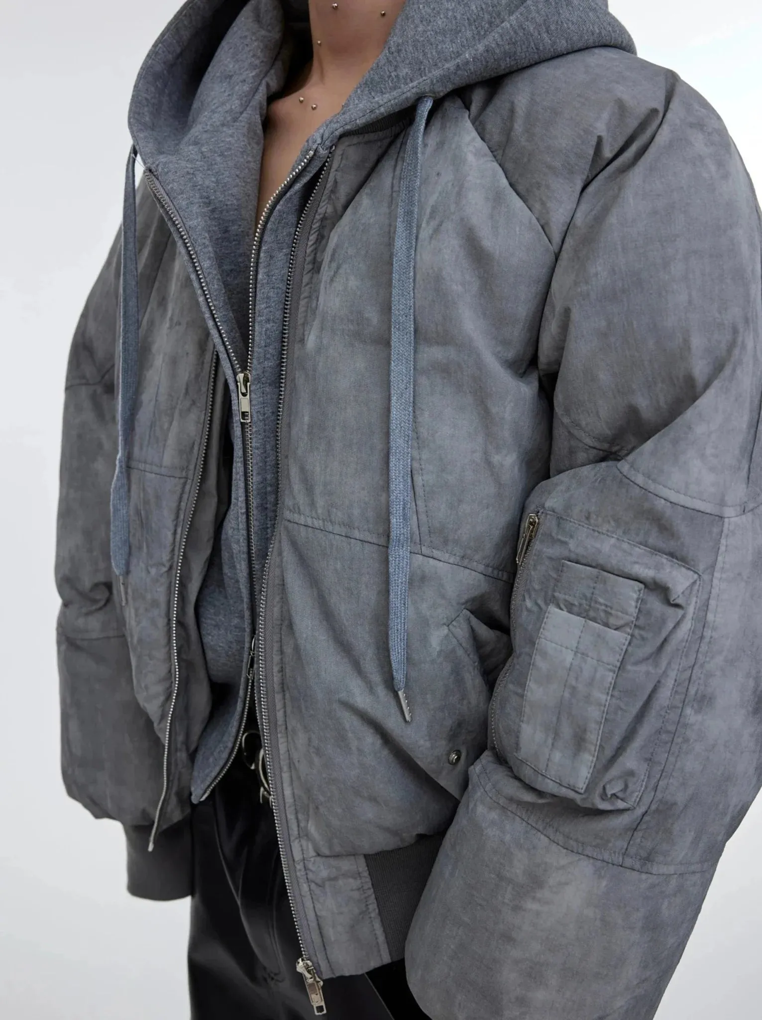 Deconstructed Two-Piece Hoodie & Puffer Jacket | Distressed Wash Short Coat