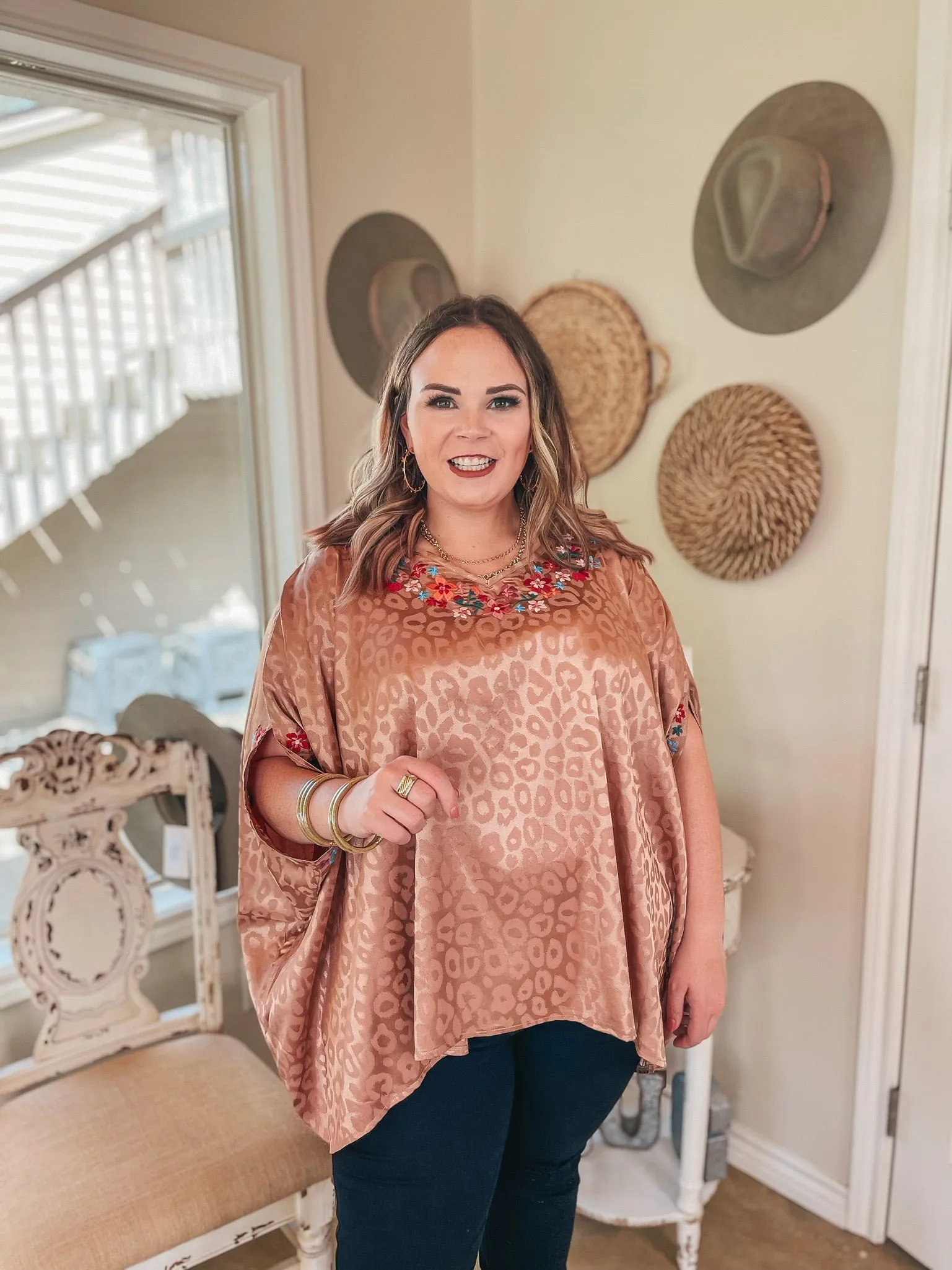 Destination Dreaming Metallic Leopard Poncho Top with Multicolor Embroidered Trim in Copper