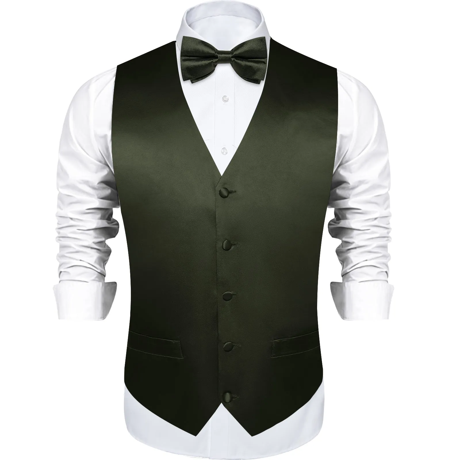 DiBanGu Sleeveless Vest For Men Dark Green Solid Jacquard Silk Waistcoat Vest Necktie Bowtie Set