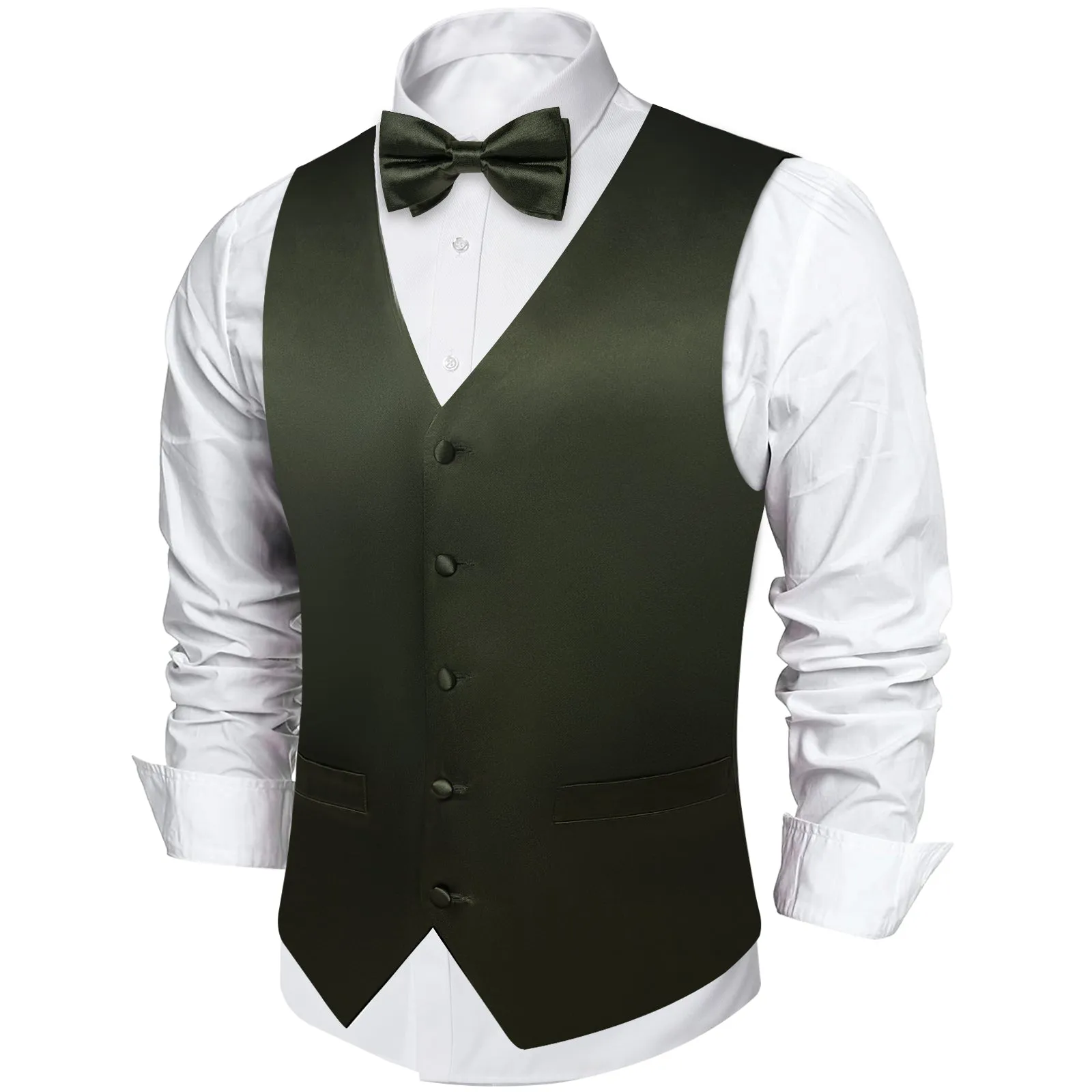 DiBanGu Sleeveless Vest For Men Dark Green Solid Jacquard Silk Waistcoat Vest Necktie Bowtie Set