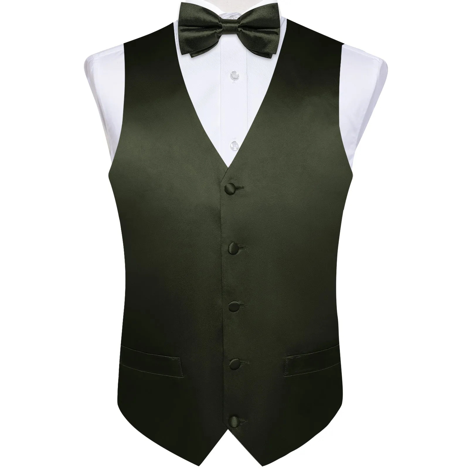 DiBanGu Sleeveless Vest For Men Dark Green Solid Jacquard Silk Waistcoat Vest Necktie Bowtie Set