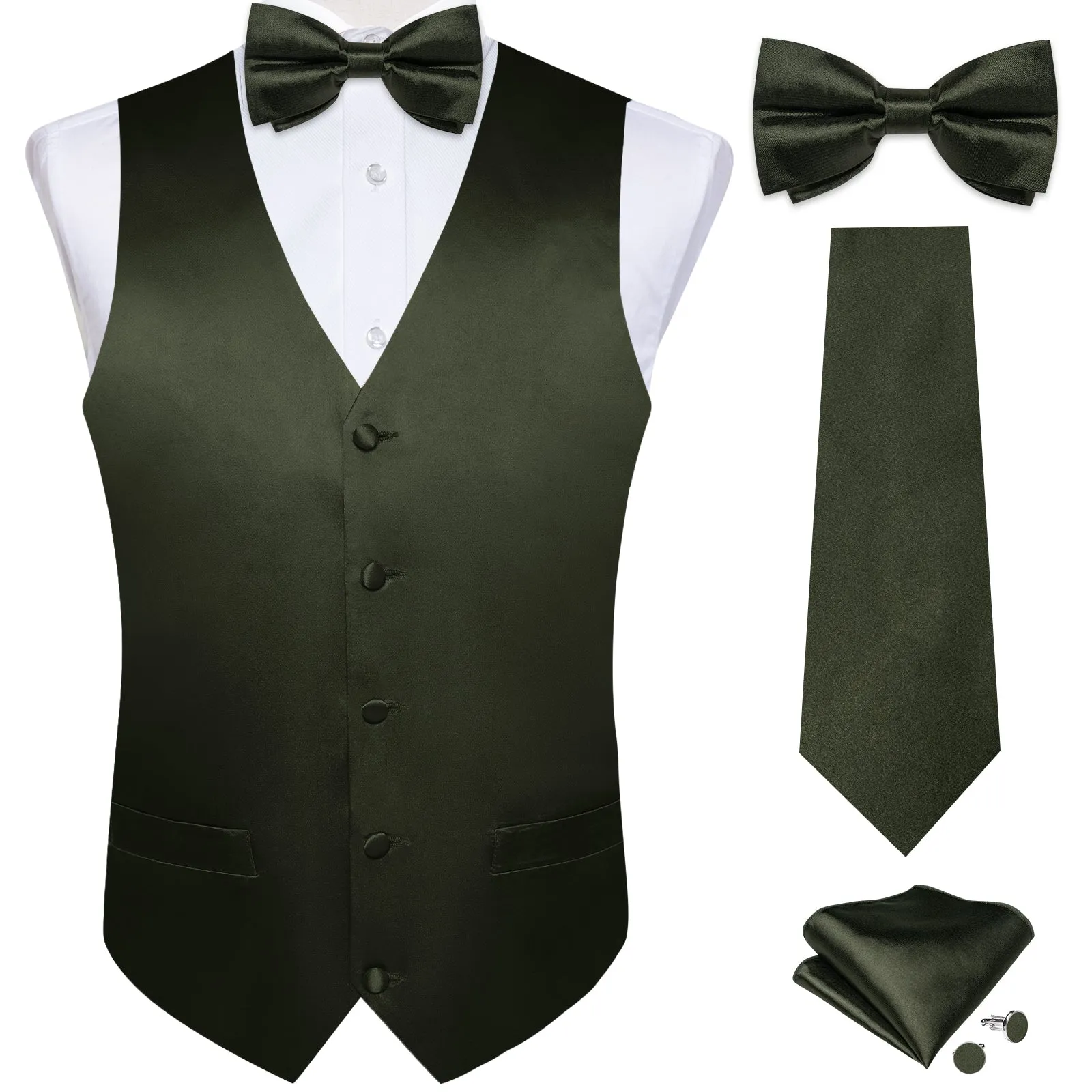 DiBanGu Sleeveless Vest For Men Dark Green Solid Jacquard Silk Waistcoat Vest Necktie Bowtie Set