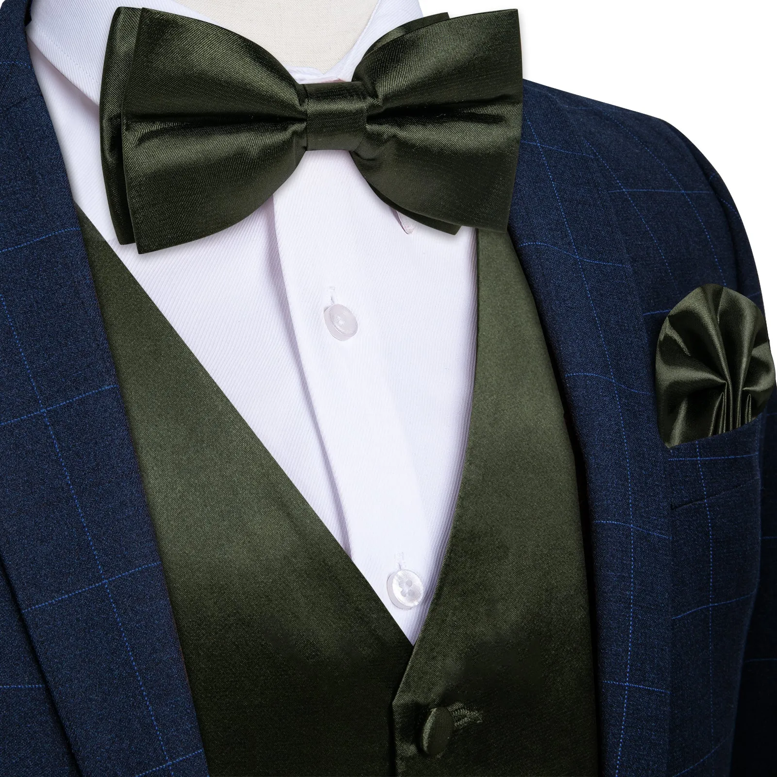 DiBanGu Sleeveless Vest For Men Dark Green Solid Jacquard Silk Waistcoat Vest Necktie Bowtie Set