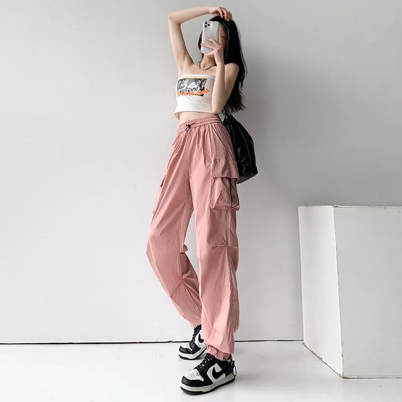 Drawstring Quick-Drying Elastic Waist Wide-Leg High-Waisted Cargo Pants