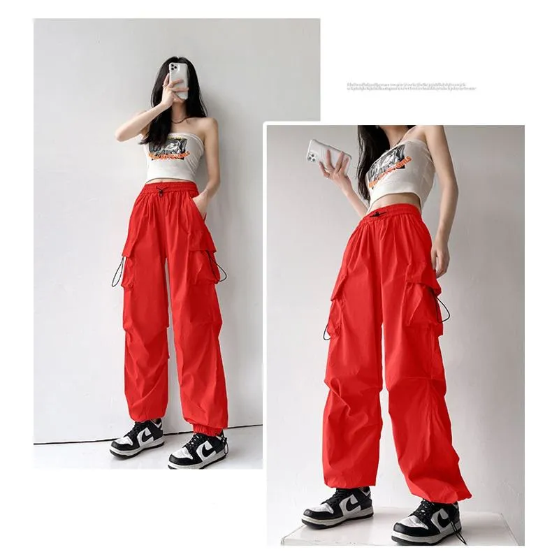 Drawstring Quick-Drying Elastic Waist Wide-Leg High-Waisted Cargo Pants