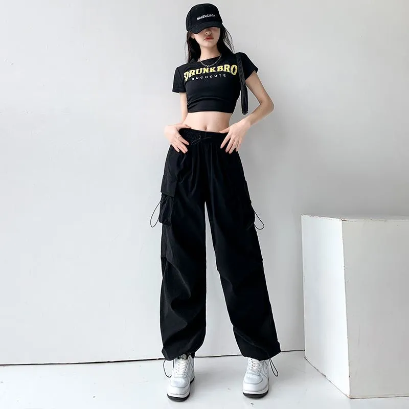 Drawstring Quick-Drying Elastic Waist Wide-Leg High-Waisted Cargo Pants