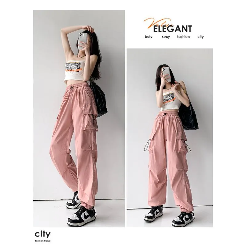 Drawstring Quick-Drying Elastic Waist Wide-Leg High-Waisted Cargo Pants