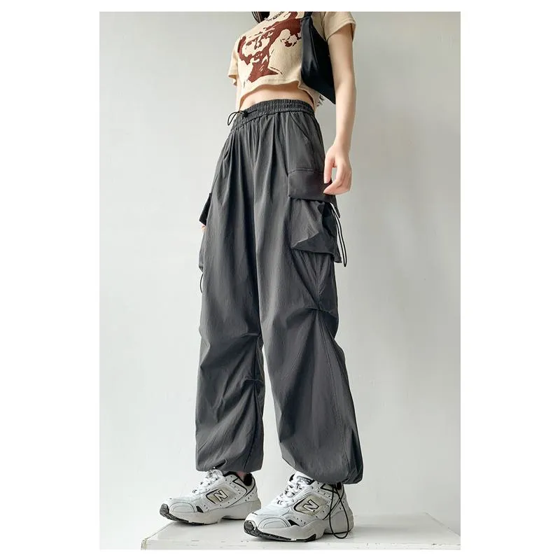 Drawstring Quick-Drying Elastic Waist Wide-Leg High-Waisted Cargo Pants