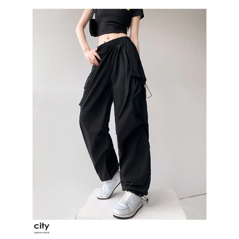 Drawstring Quick-Drying Elastic Waist Wide-Leg High-Waisted Cargo Pants