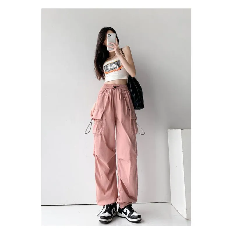 Drawstring Quick-Drying Elastic Waist Wide-Leg High-Waisted Cargo Pants