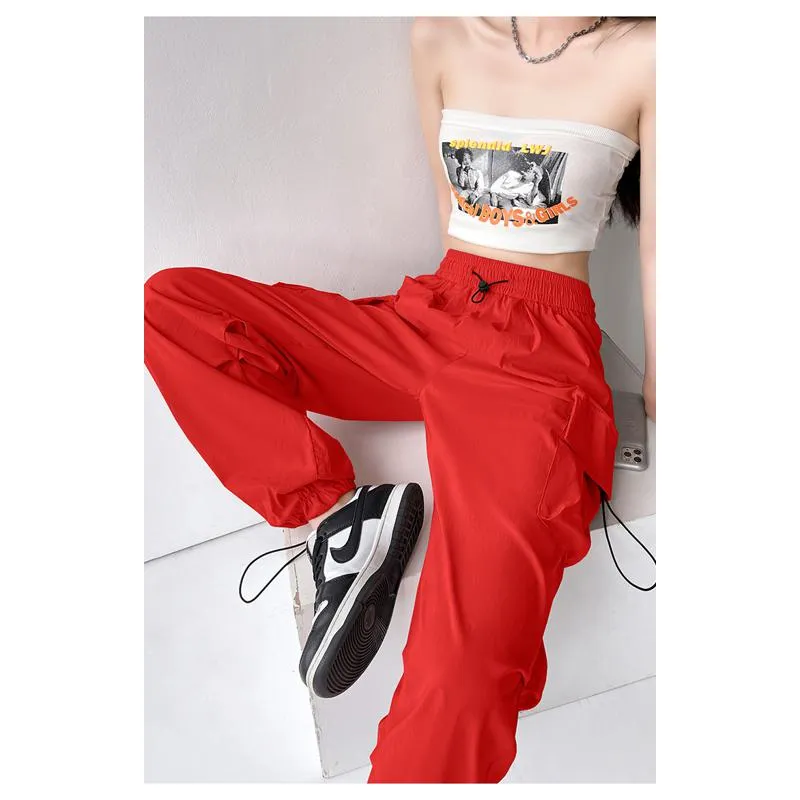 Drawstring Quick-Drying Elastic Waist Wide-Leg High-Waisted Cargo Pants