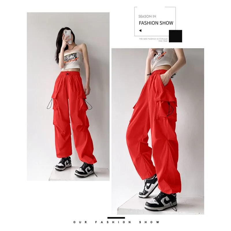 Drawstring Quick-Drying Elastic Waist Wide-Leg High-Waisted Cargo Pants