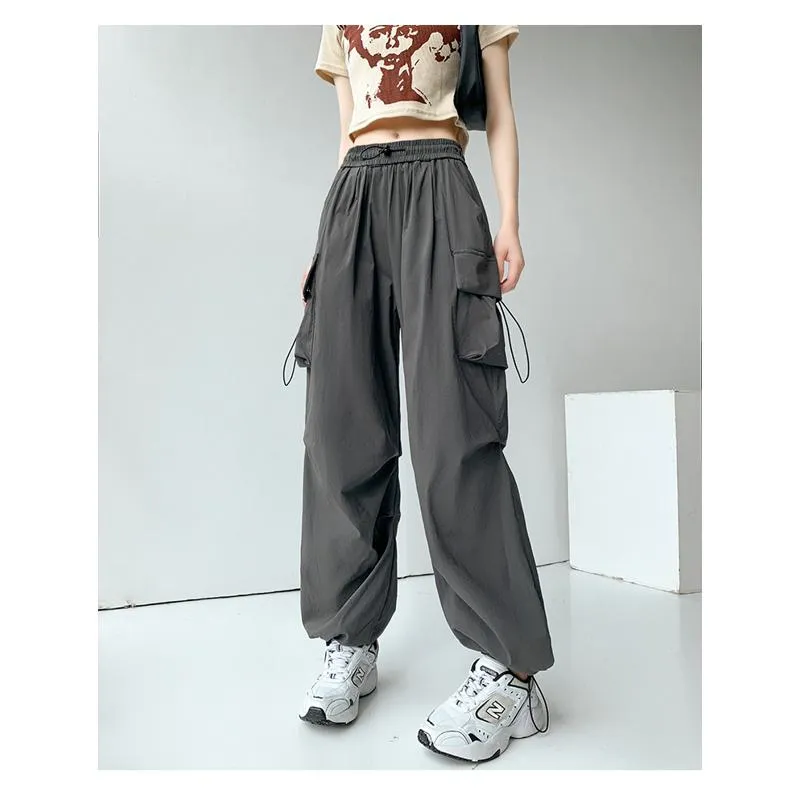 Drawstring Quick-Drying Elastic Waist Wide-Leg High-Waisted Cargo Pants