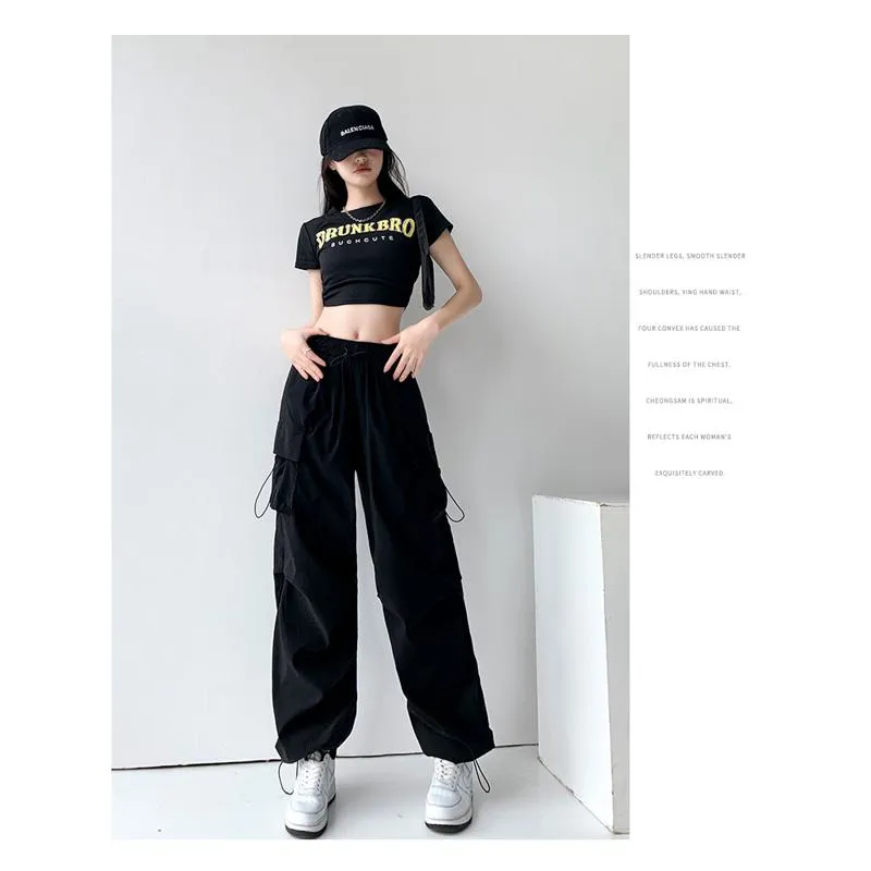 Drawstring Quick-Drying Elastic Waist Wide-Leg High-Waisted Cargo Pants