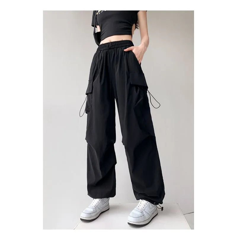 Drawstring Quick-Drying Elastic Waist Wide-Leg High-Waisted Cargo Pants