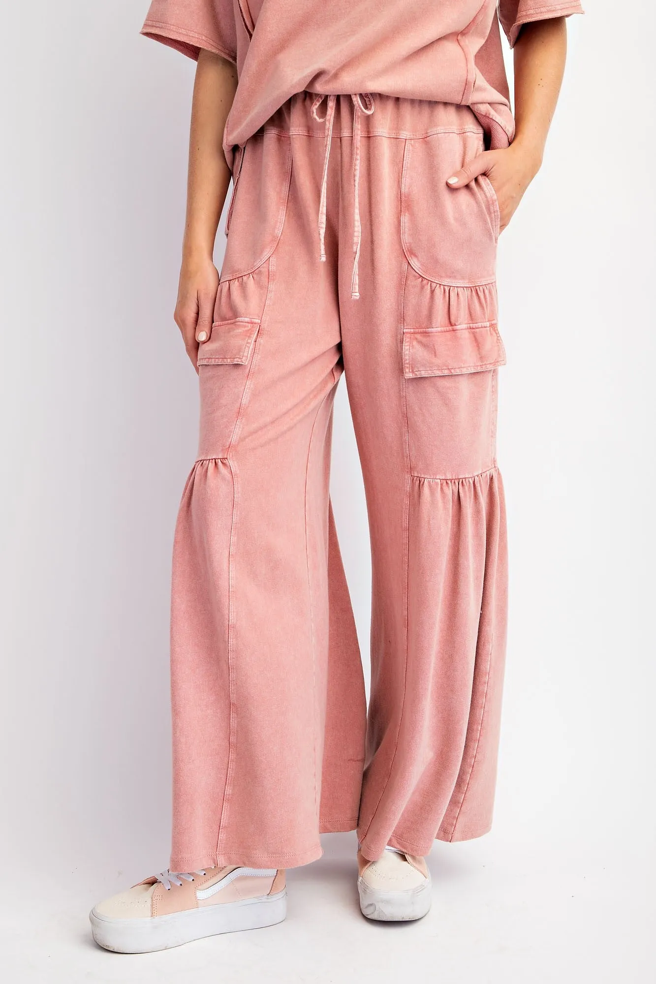 Easel Dusty Rose Mineral Wash Wide Leg Pants