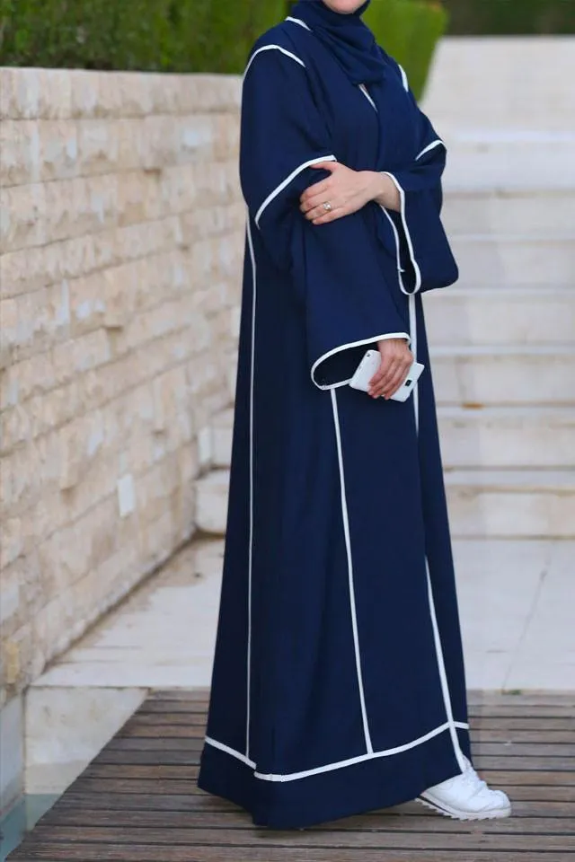 Elegant Dark Blue Abaya with White Trim