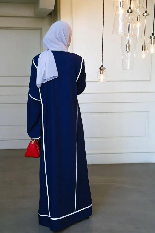 Elegant Dark Blue Abaya with White Trim